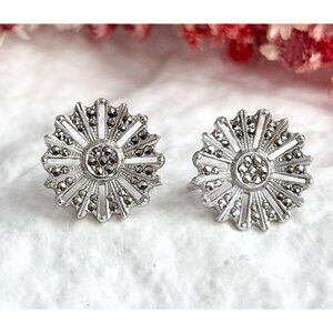Marcasite Floral Shaped Vintage Art Deco Screw Back Sterling Silver 925 Earrings